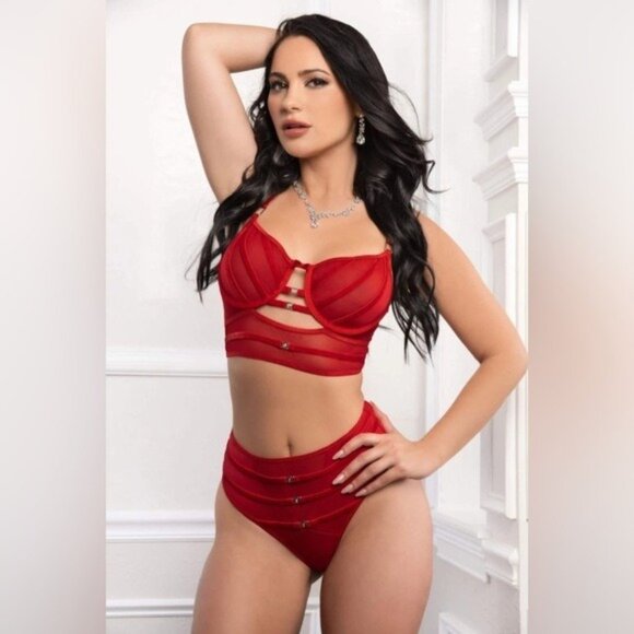 G World Intimates OH2468 Cinnamon Red Satin Straps Bra & High Waist Panty Set - Picture 1 of 9